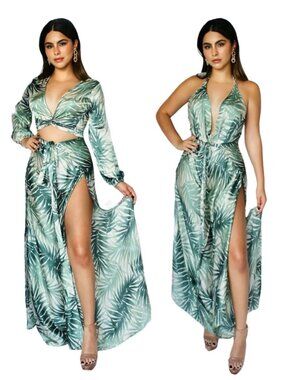 Baliawear Pant to Jumpsuit Convertible Wrap Palm Print Satin Standard NWT